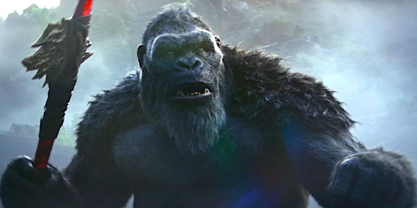 Kong scowls menacingly while brandishing a club-like weapon in Godzilla x Kong