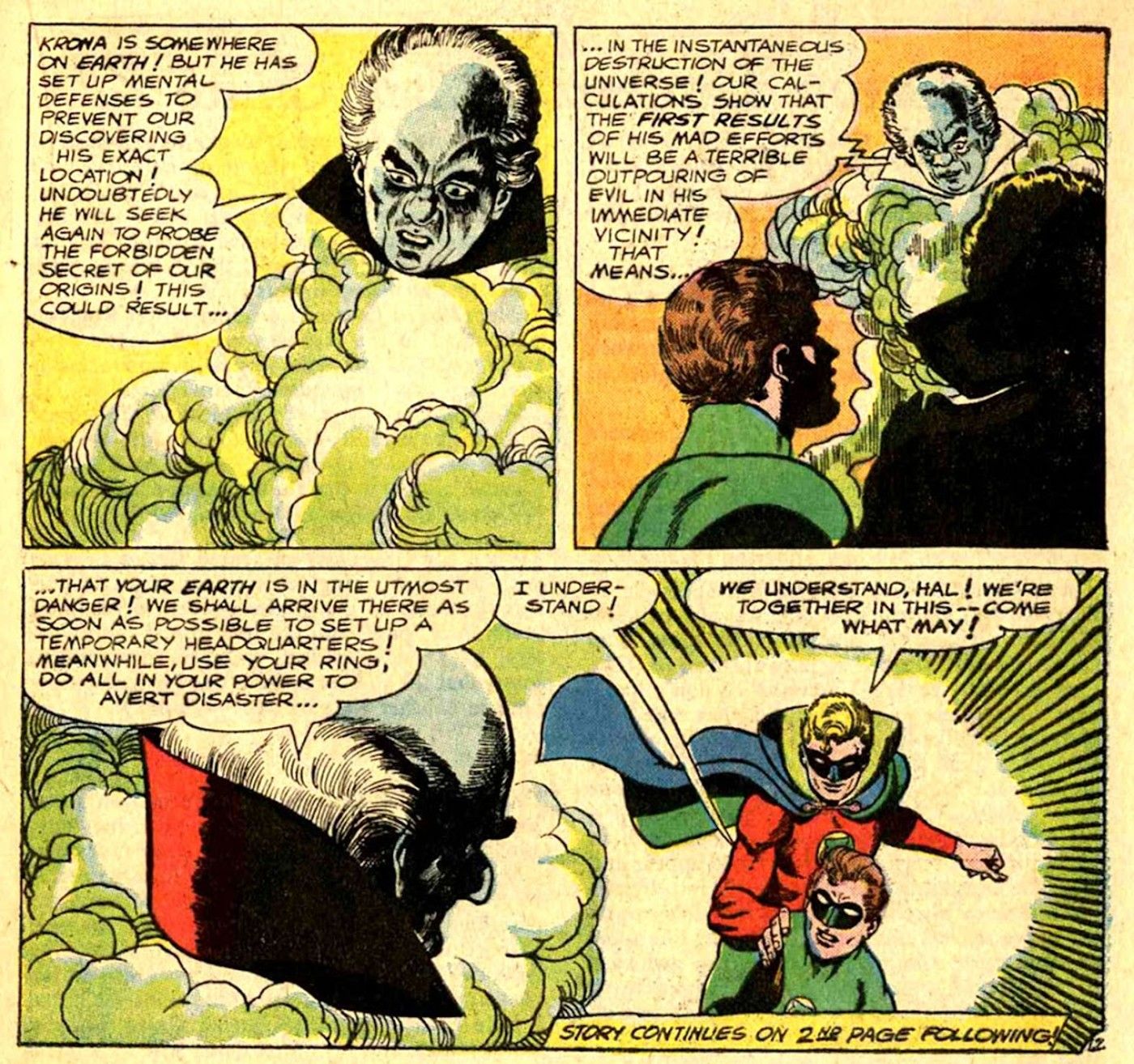 Comic book panels: a Guardian of the Universe warns Green Lanterns Hal Jordan and Alan Scott about Krona.