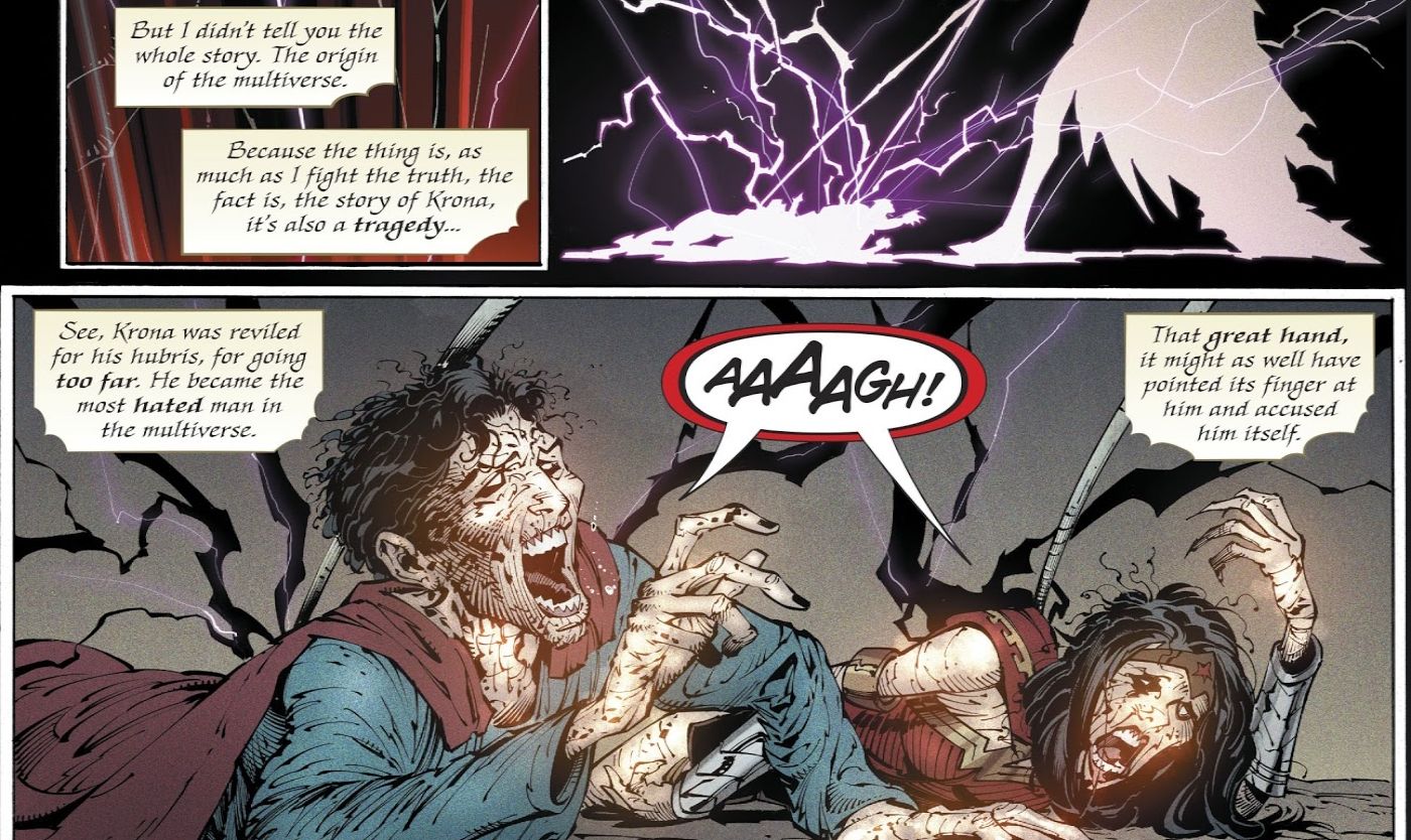 Comic book panels: Superman and Wonder Woman rotting into corpses.
