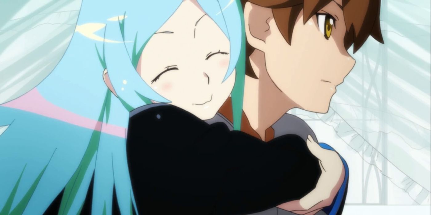Kubikiri Cycle screencap where a girl with blue hair hugs a boy with brown hair and yellow eyes.