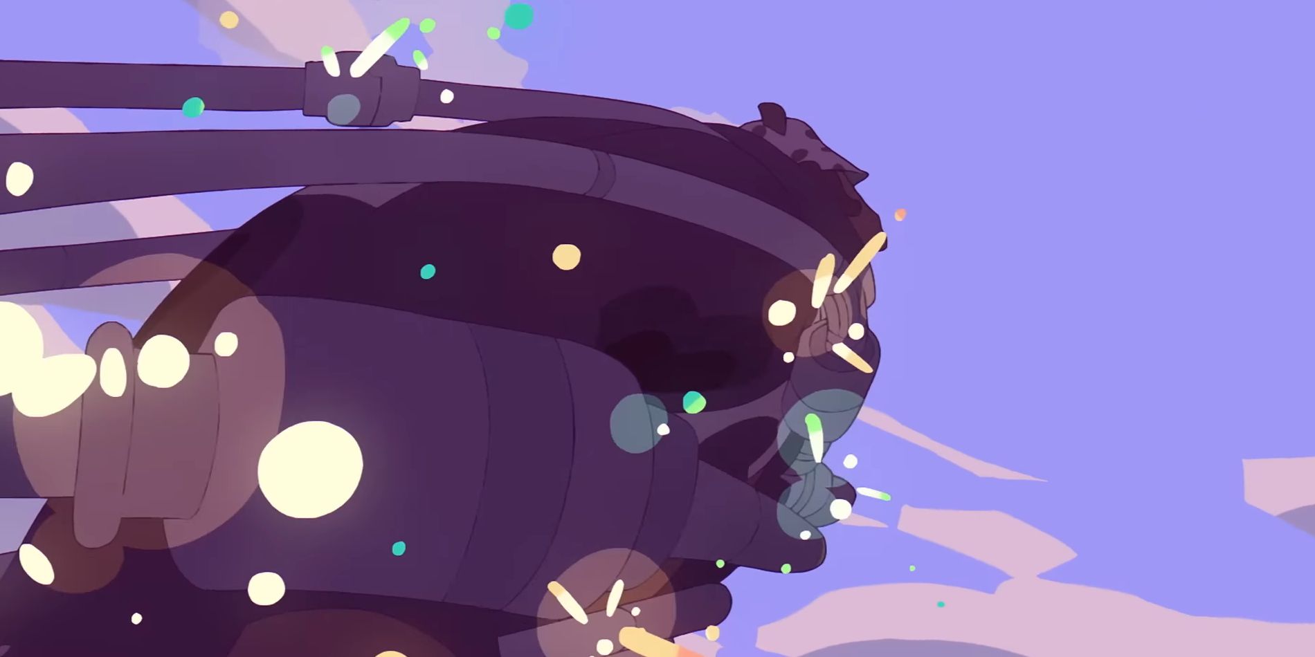 Screenshot from One Piece opening 26 shows Kuma being forcing himself through a series of think wires that are keeping him constrained as they begin to spark and break.