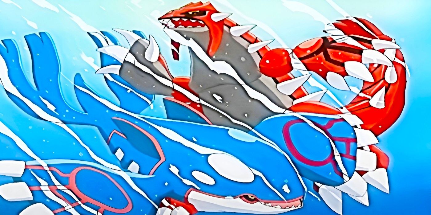 A red dragon-like creature and a blue whale-like creature look angry as they fight in the water.