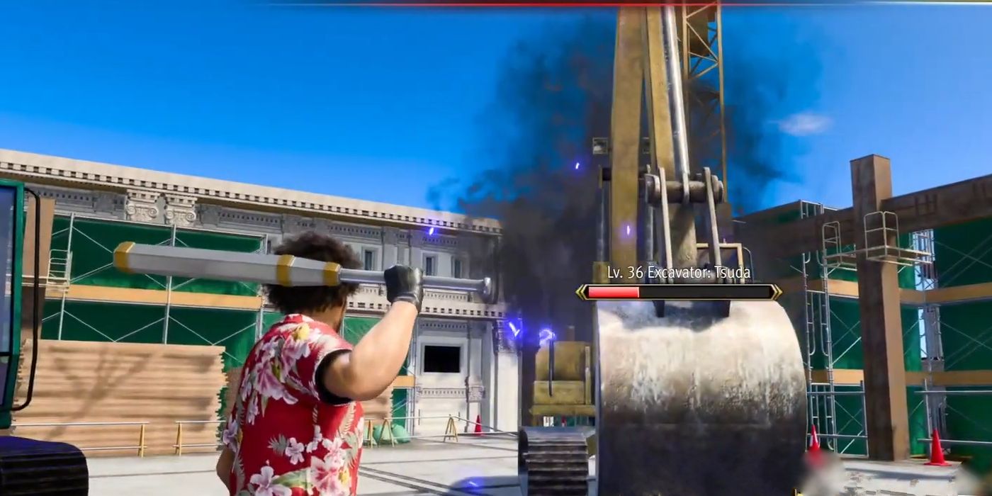 Ichiban faces an excavator with a bat slung over his shoulder in a screenshot from Like a Dragon: Infinite Wealth.