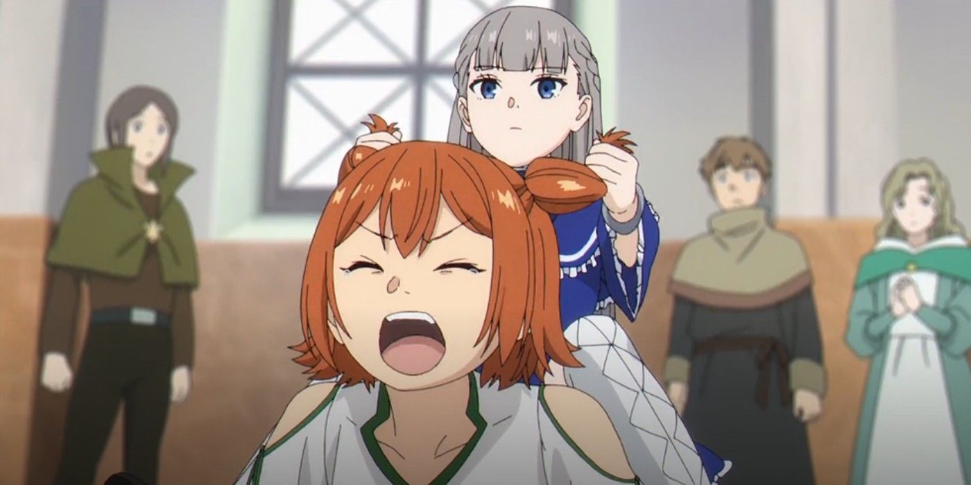 Lawine picks on Kanne by pulling on her pigtails in a screenshot from Frieren
