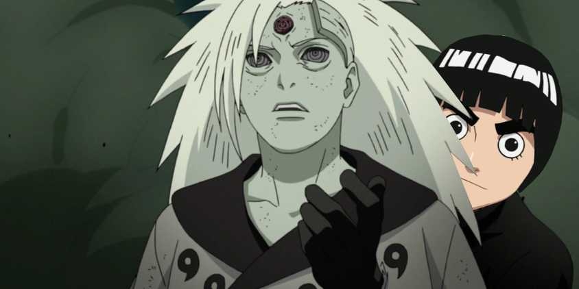 Screenshot from Naruto shippuden anime show Sage Madara shocked after a black hand goes through his chest. Instead of Black Zetsu's face behind him, it's Rock Lee looking confident.