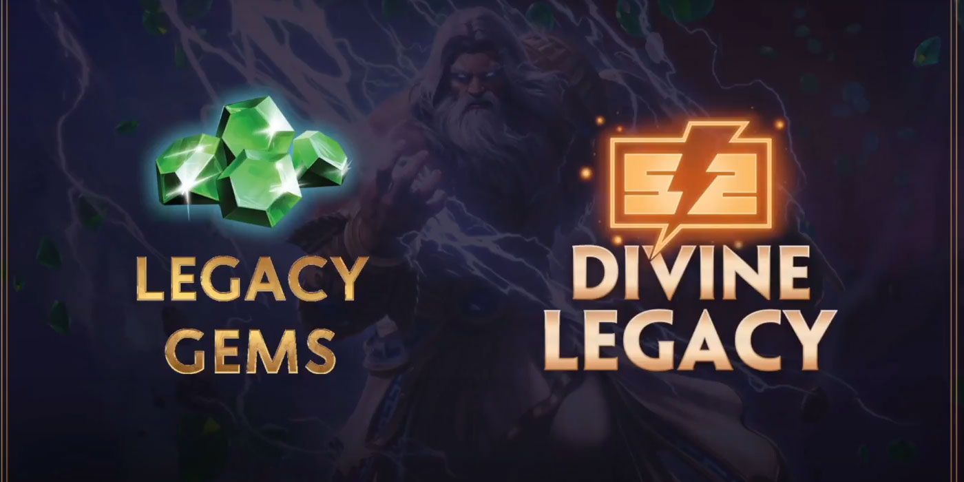Legacy Gems and Divine Legacy logos in front of an image of Zeus. 