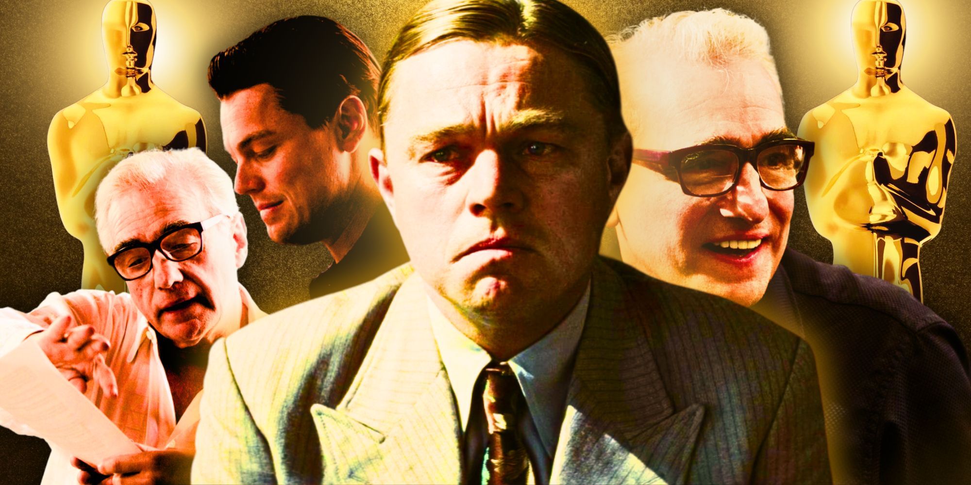 Leonardo DiCaprio in Killers of the Flower Moon and Martin Scorsese surrounded by Oscars
