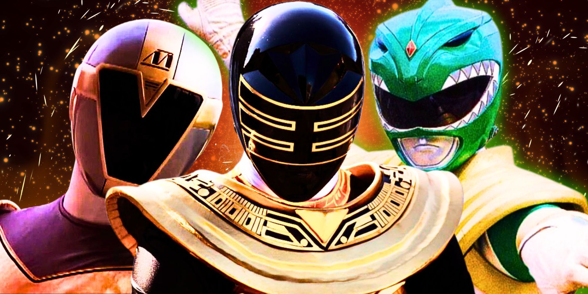 Lightspeed Rescue Titanium Ranger, Zeo Gold Ranger, and Mighty Morphin Green Ranger