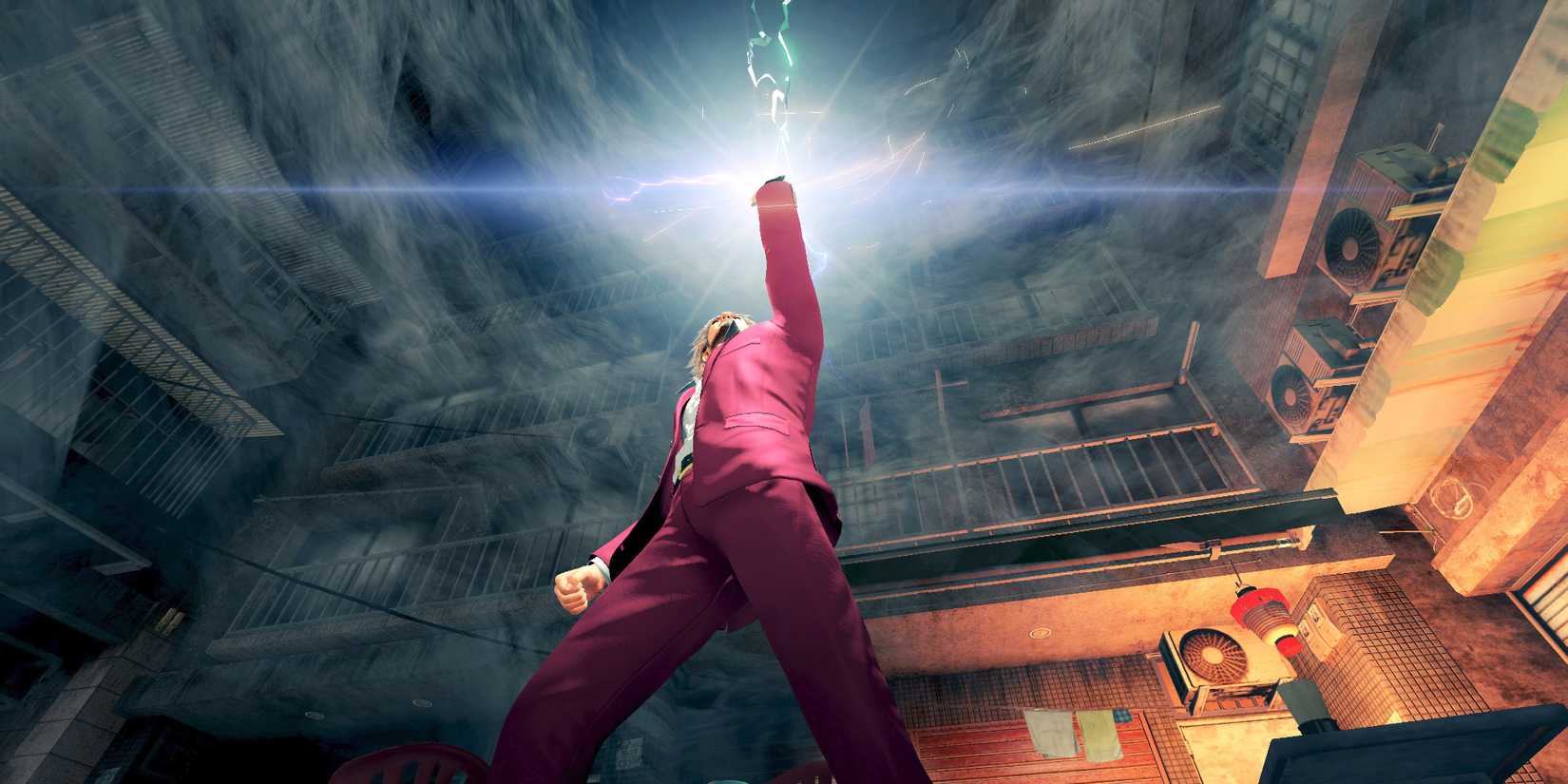 Ichiban summons lightning out of a cloudy sky in a screenshot from Yakuza: Like a Dragon.