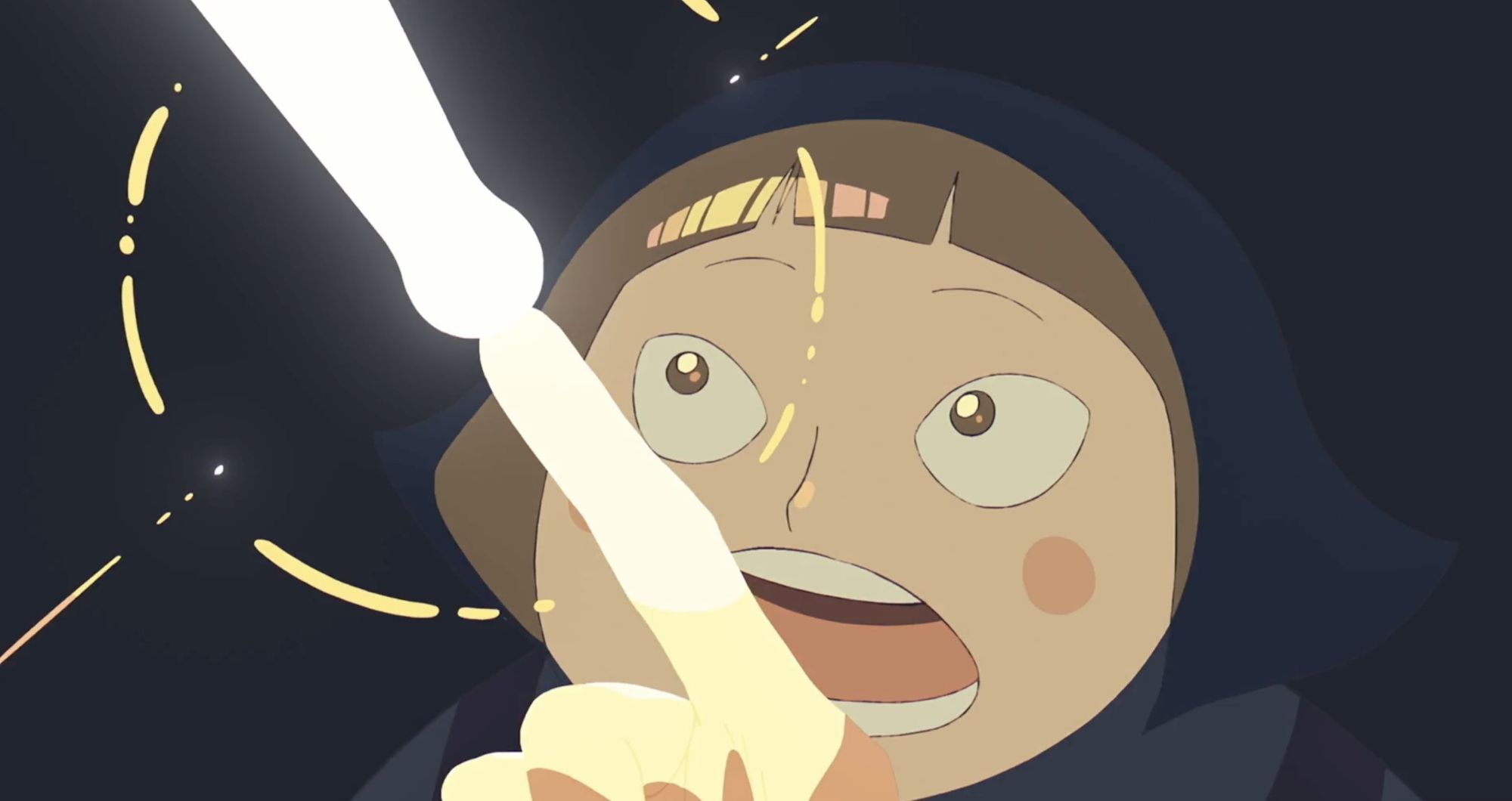 Screenshot from One Piece anime Egghead intro shows a Young Sentomaru gazing in wonderment at a finger turning into light and shoot towards the sky.