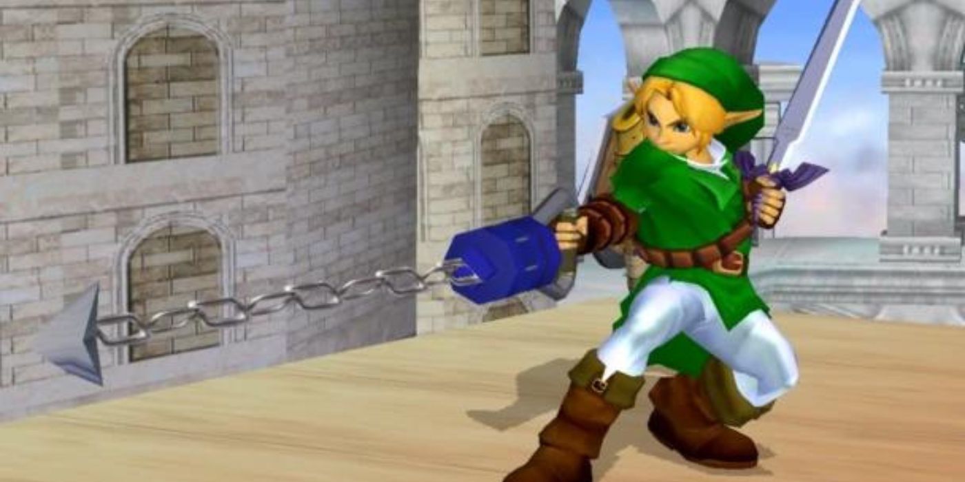 Link uses the Hookshot in Super Smash Bros. Melee.