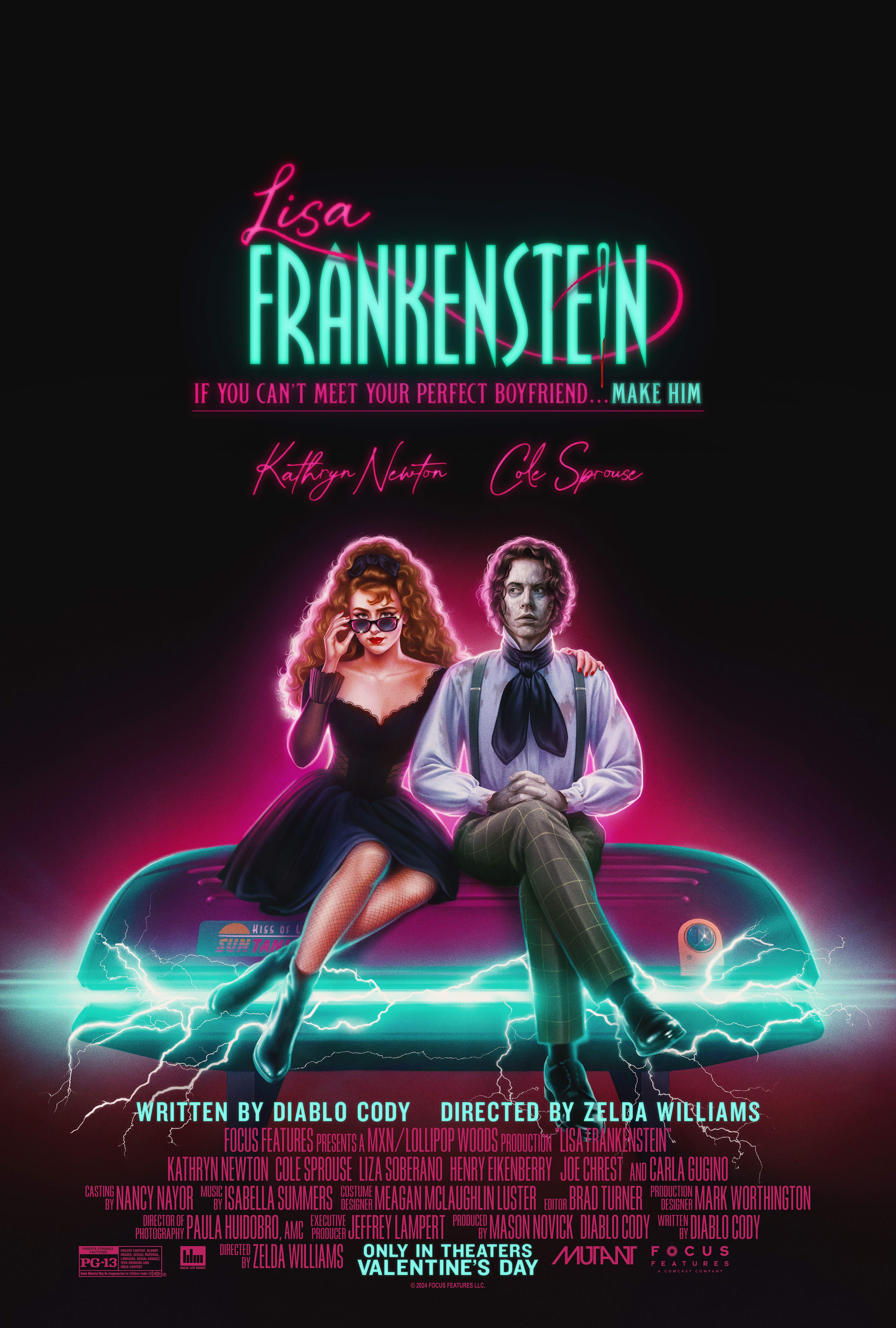 Lisa Frankenstein Poster With Kathryn Newton and Cole Sprouse Sitting Atop an Electrified Tanning Bed