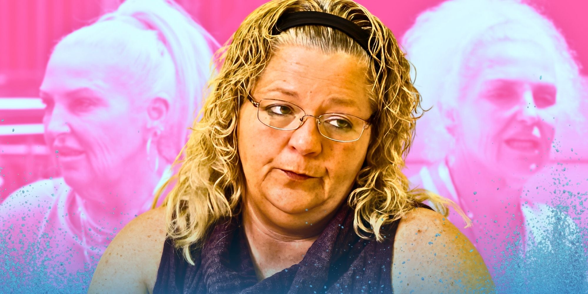 90 Day Fiance's Lisa Hamme looking at Angela Deem, with pink background