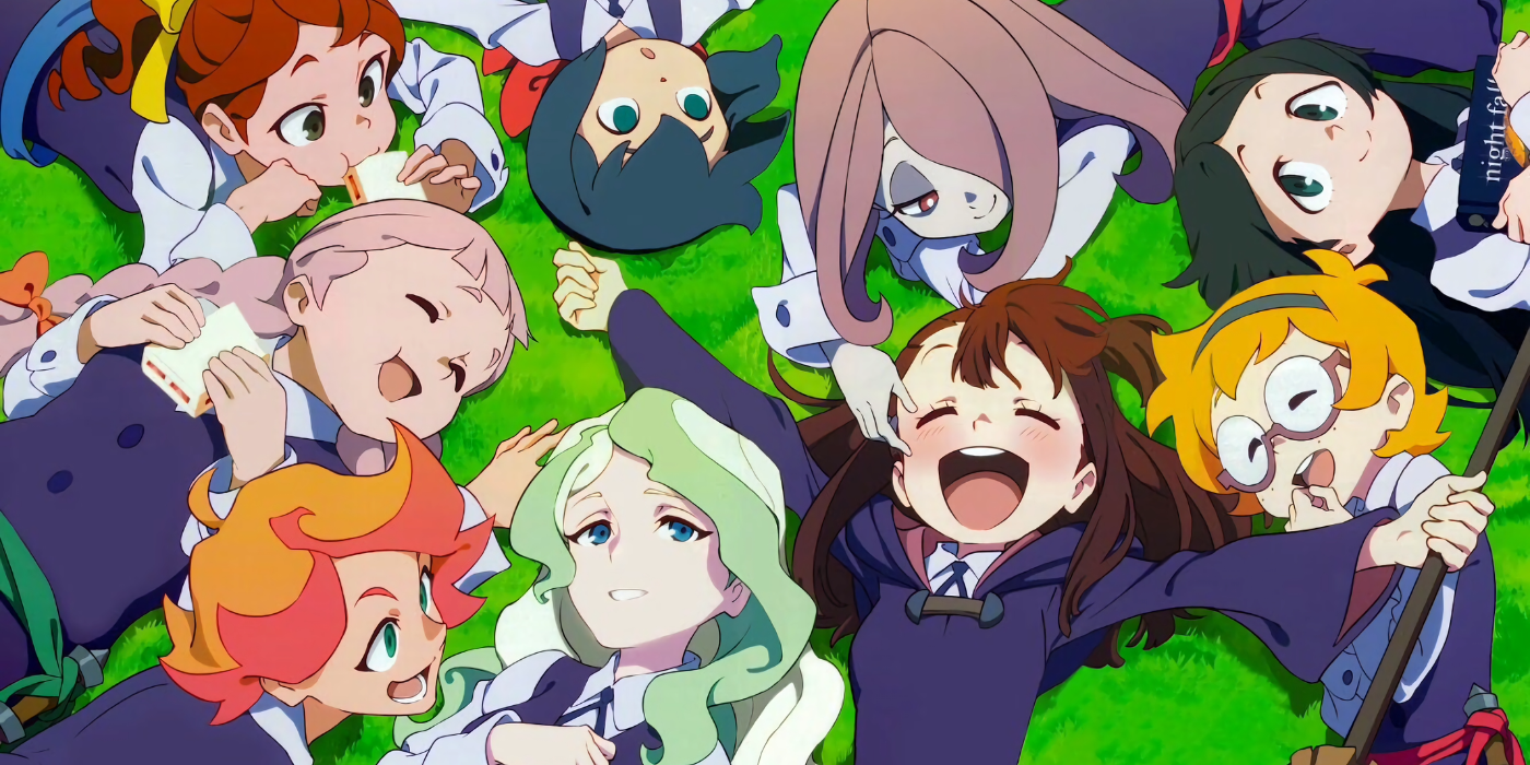 Little Witch Academia cast, inlcluding main characters Atsuko Kagari, Sucy Manbavaran, Diana Cavendish, and Lotte Jansson hanging out together, lying down in a grass field
