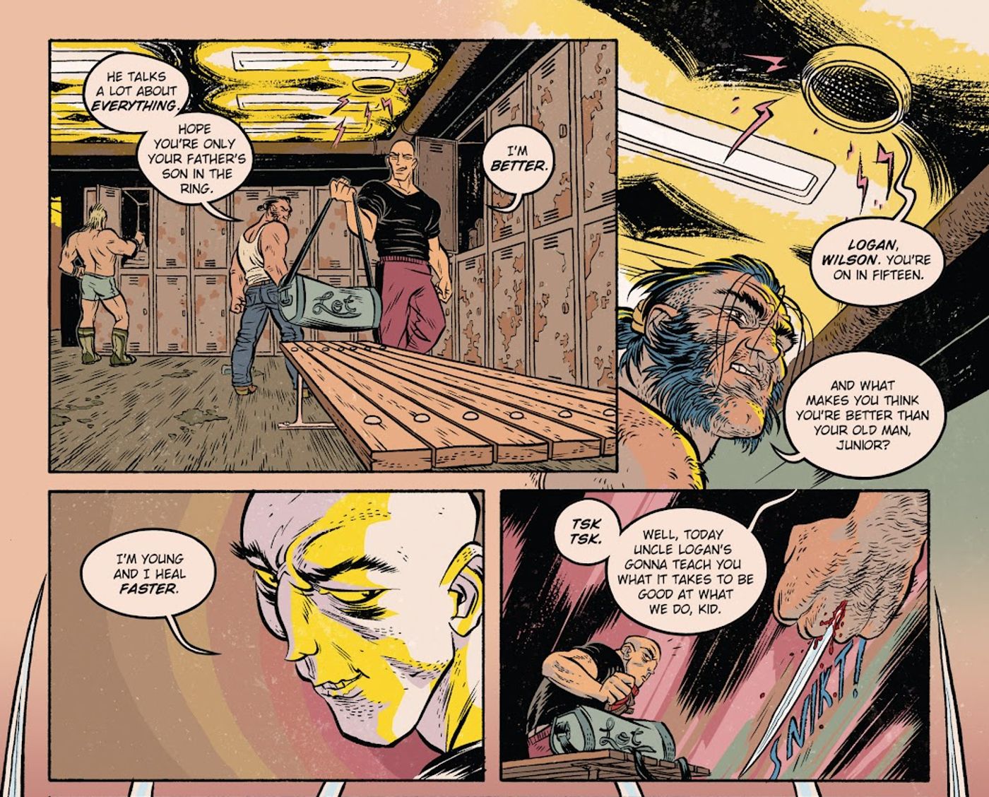 Deadpool’s son tells Wolverine he is younger and heals faster than his father.