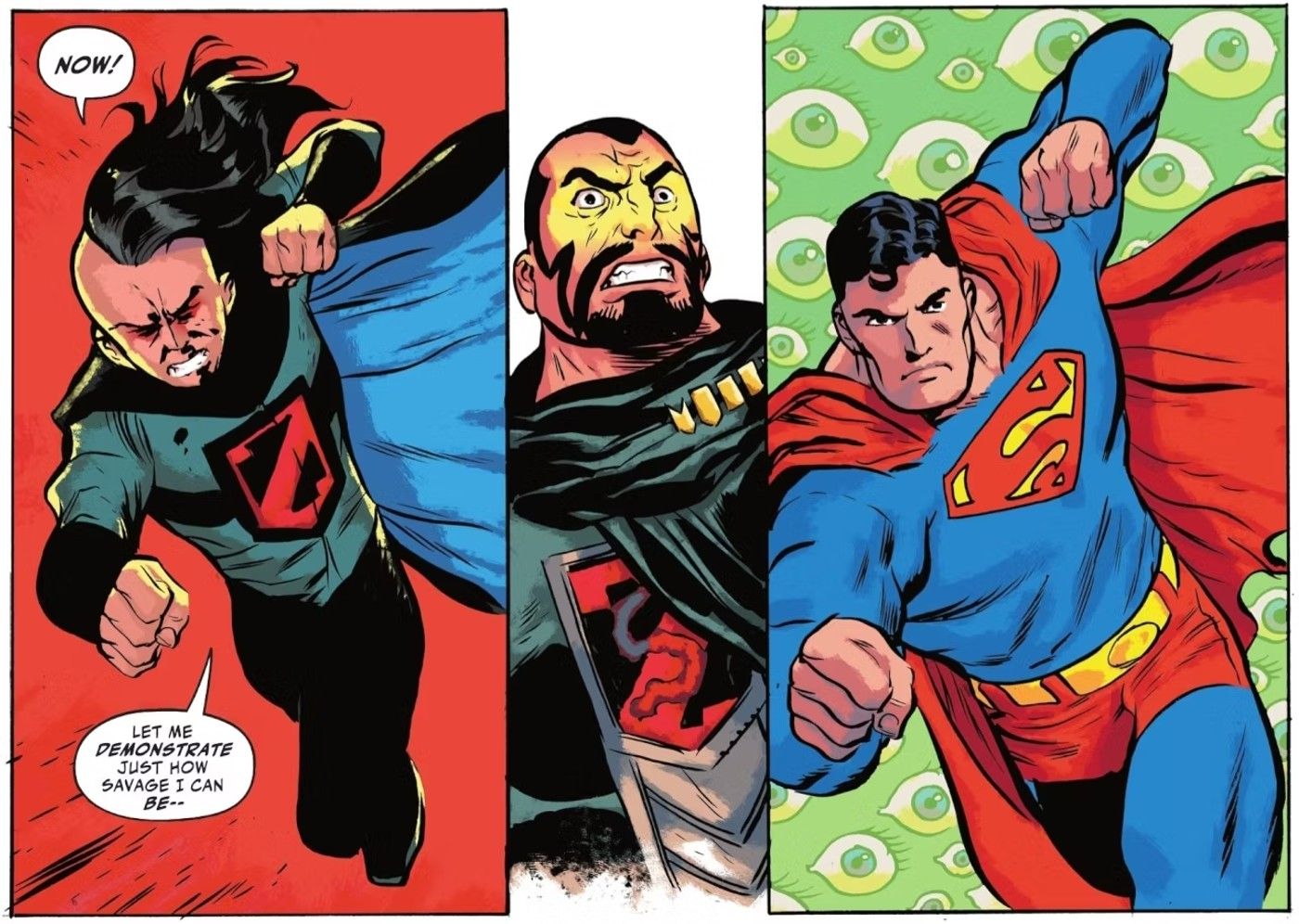 Comic book panels: Zod sees a vision of Superman when looking at his son.
