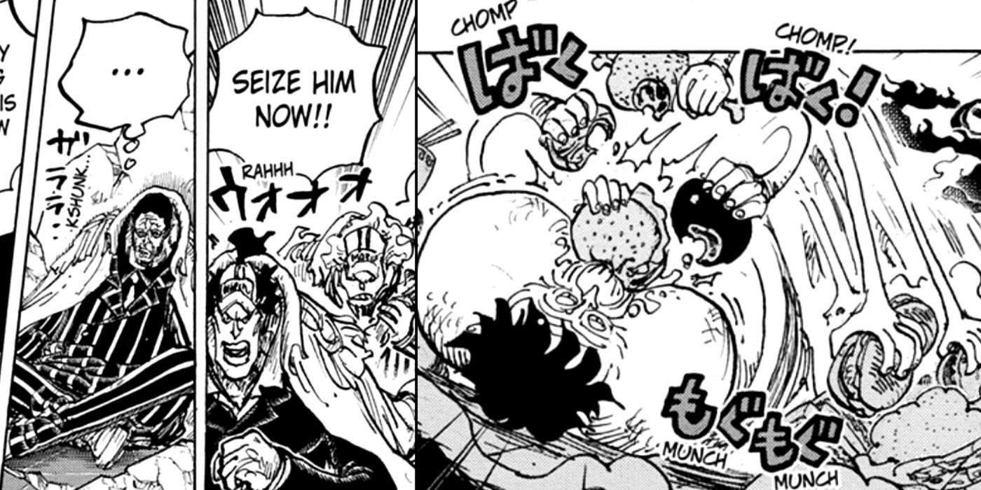 Luffy comically stuffing himself while Kizaru sits nearby and guards rush to seize Luffy in One Piece