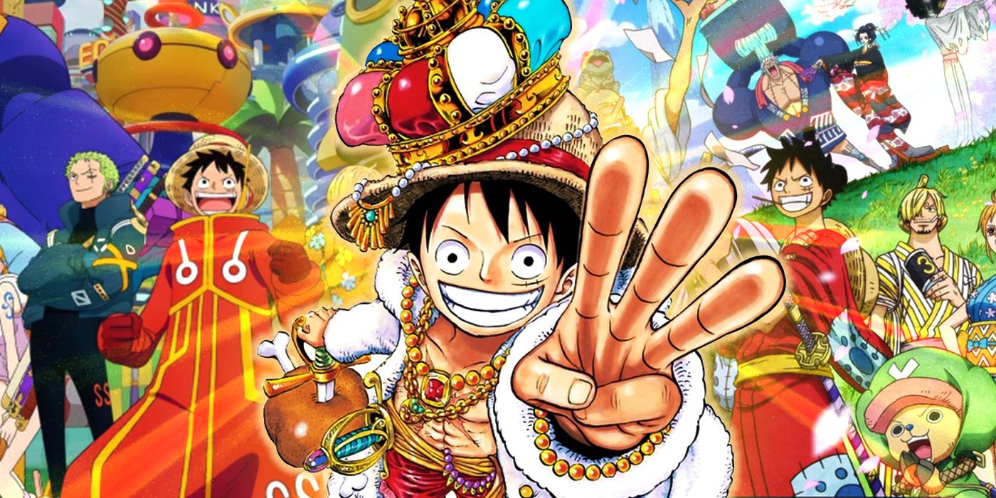 Luffy dressed like a king in the center with key visuals from the egghead arc and wno arc on either side featuring Luffy and the straw hats