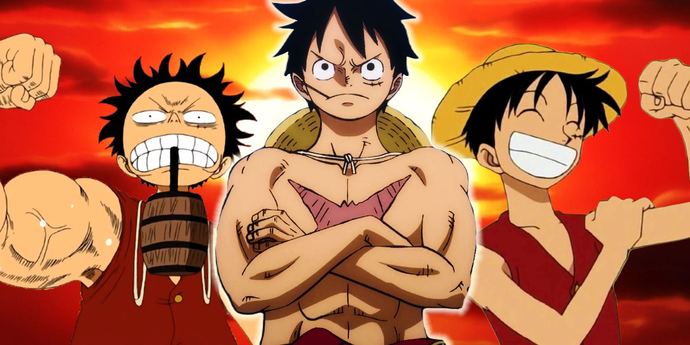 Luffy from Wano in the center with his arms crossed over his chest with Luffy from the East Blue Saga on either side flexing his arm muscles in one piece