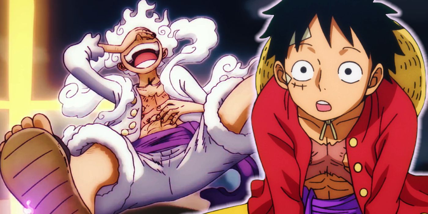 Luffy looking mildly surprised looking at Luffy in gear five laughing with a hand over his eyes and a another over his stomach in One Piece