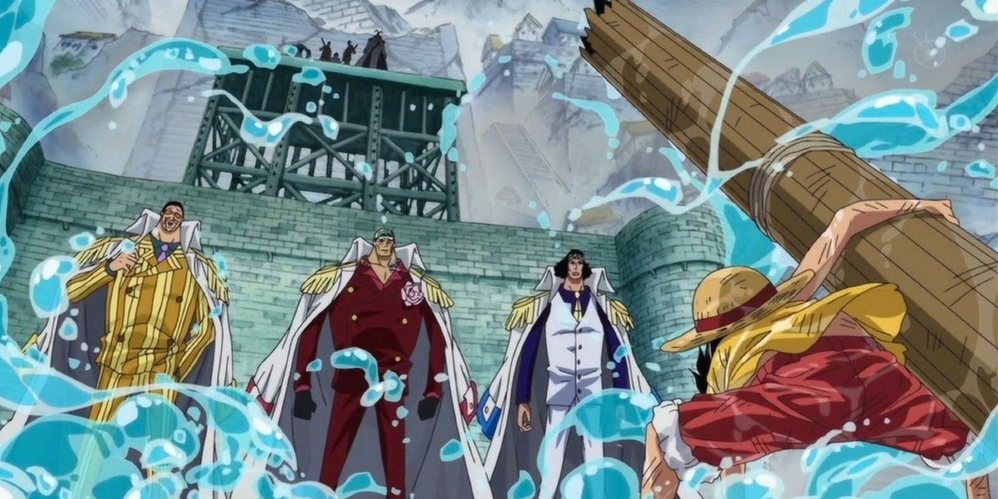 Luffy encara almirantes em Marineford em One Piece