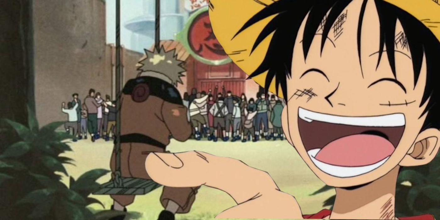 Image shows anime screenshot of young Naruto swinging on a swing outside of his school while all the other students graduated and are celebrating with their parents, while Luffy from One Piece points and laughs at him.