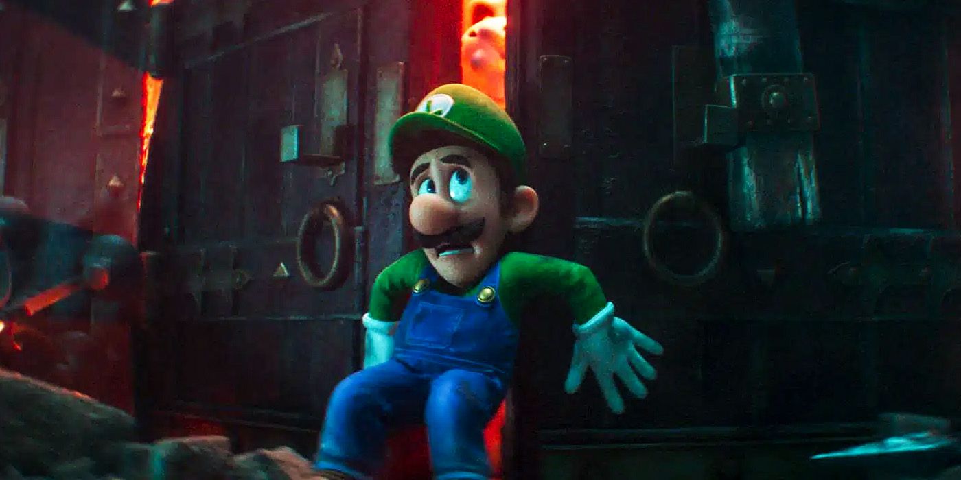 Luigi in the haunted mansion trying to escape the enemies in the Super Mario Bros. Movie