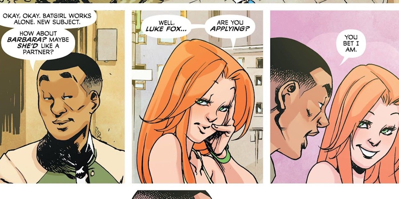 Comic book panels: Luke Fox and Barbara Gordon flirting.
