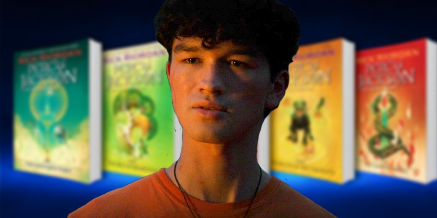 Luke from the Percy Jackson show above a blurred image of the Percy Jackson book series