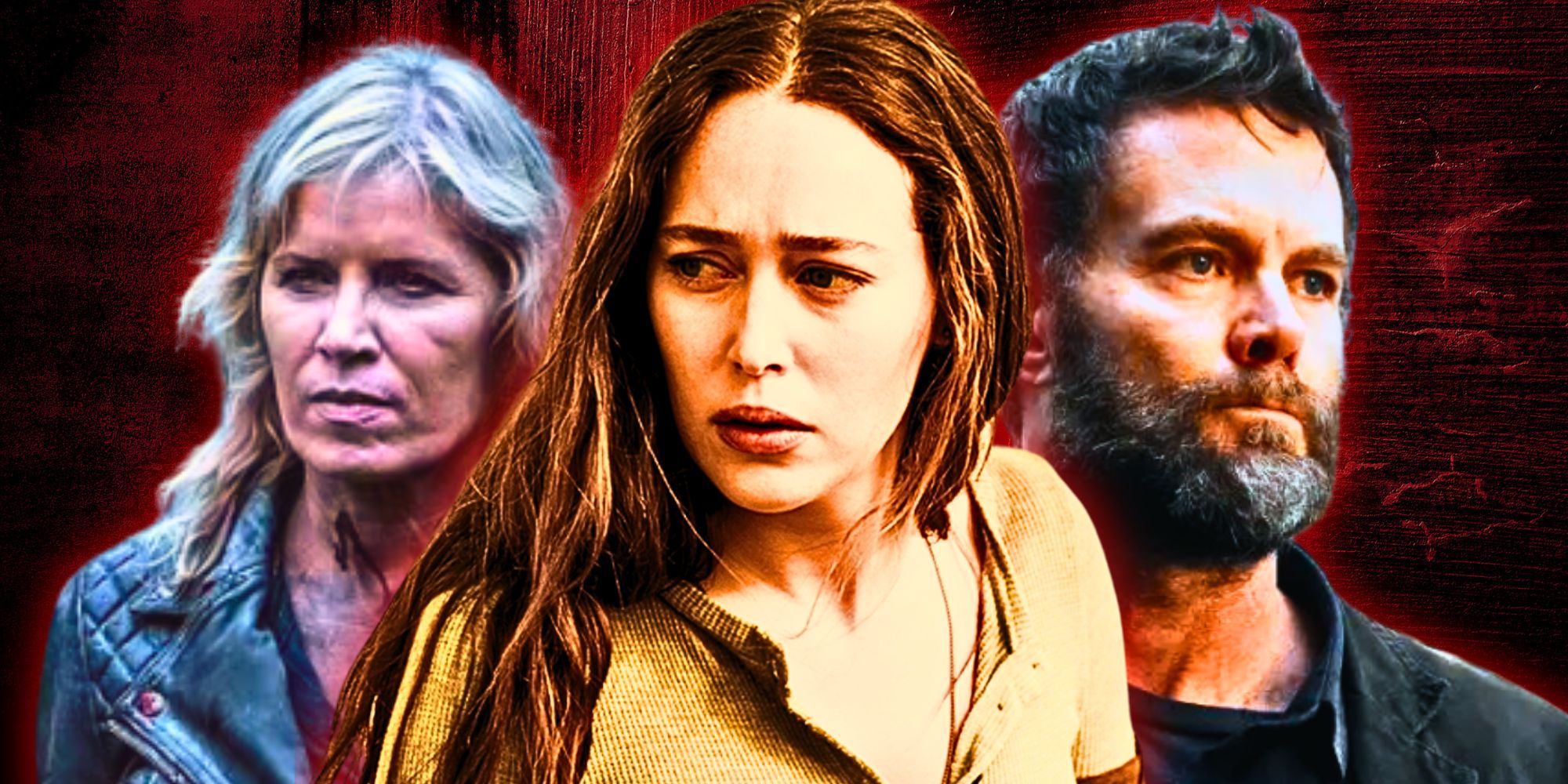 Custom image of Madison Clark, Alicia Clark, and John Dorie from Fear The Walking Dead against a red background