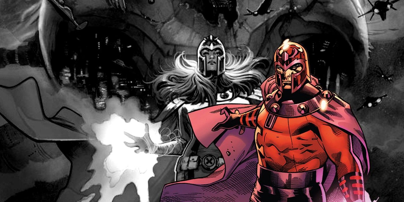 Magneto to the right of Polaris, who is shown in black and white