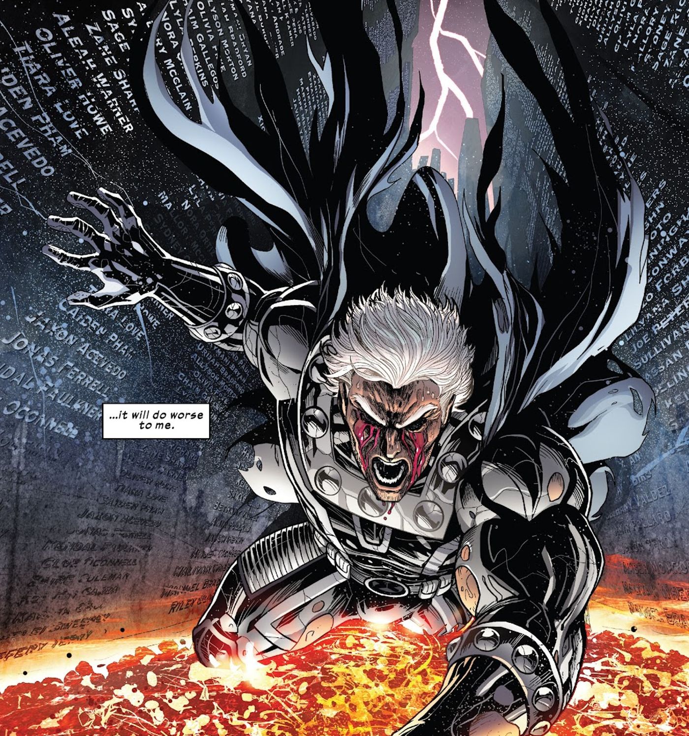 Magneto kneels with bleeding eyes, his hand on fire, surrounded by rows of names.