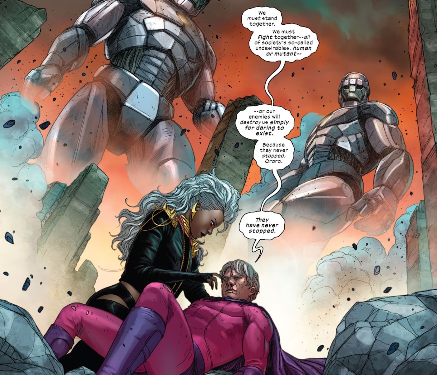 Storm holds a dying Magneto as he tells her they must all stand together against their enemies.