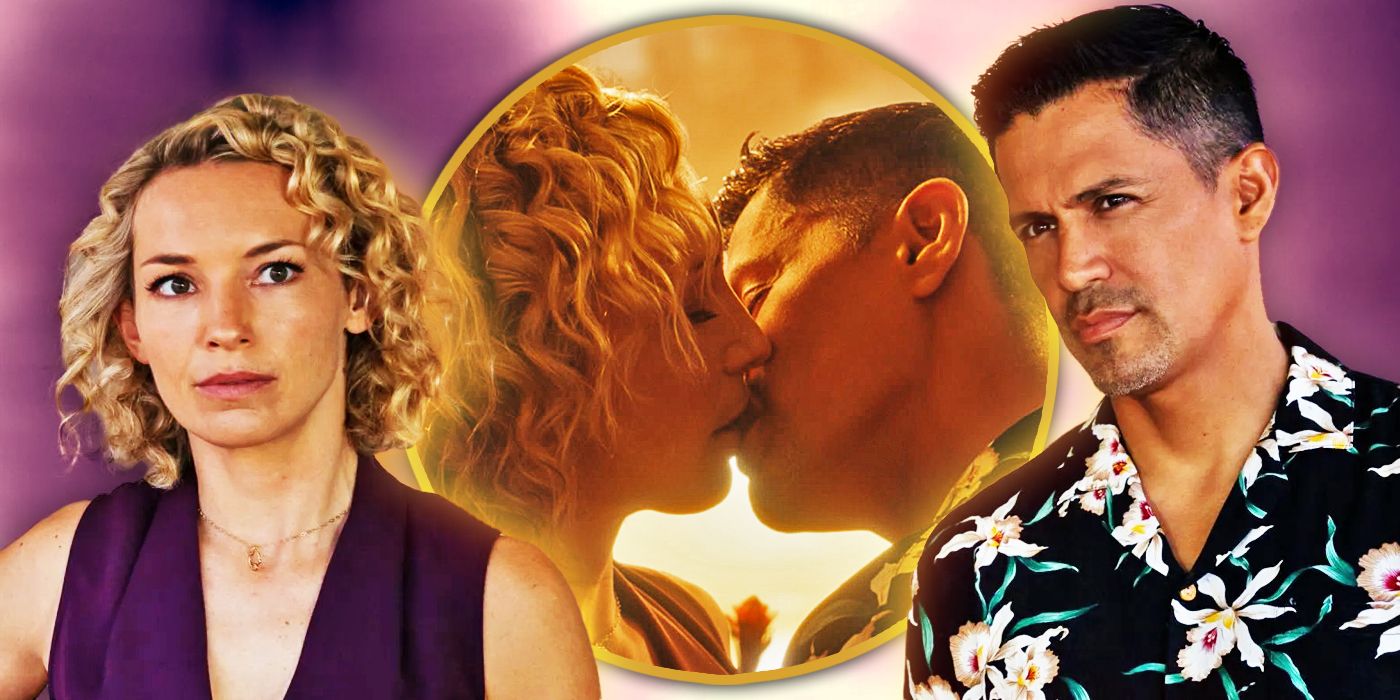 Edited image of Perdita Weeks and Jay Hernandez in Magnum P.I. with a shot of them kissing