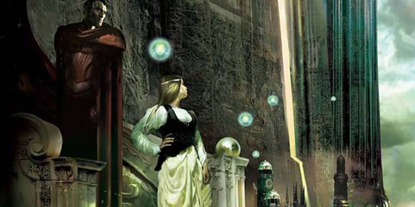 Elantris Brandon Sanderson Cover Art showing characters looking up at a gray-green sky.