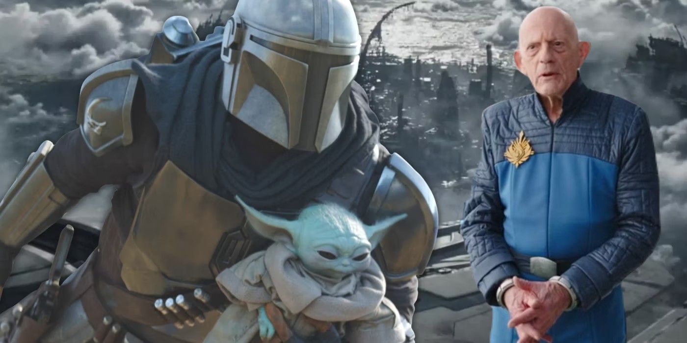 Din Djarin, Grogu, and Commissioner Helgait in The Mandalorian season 3 episode 6.