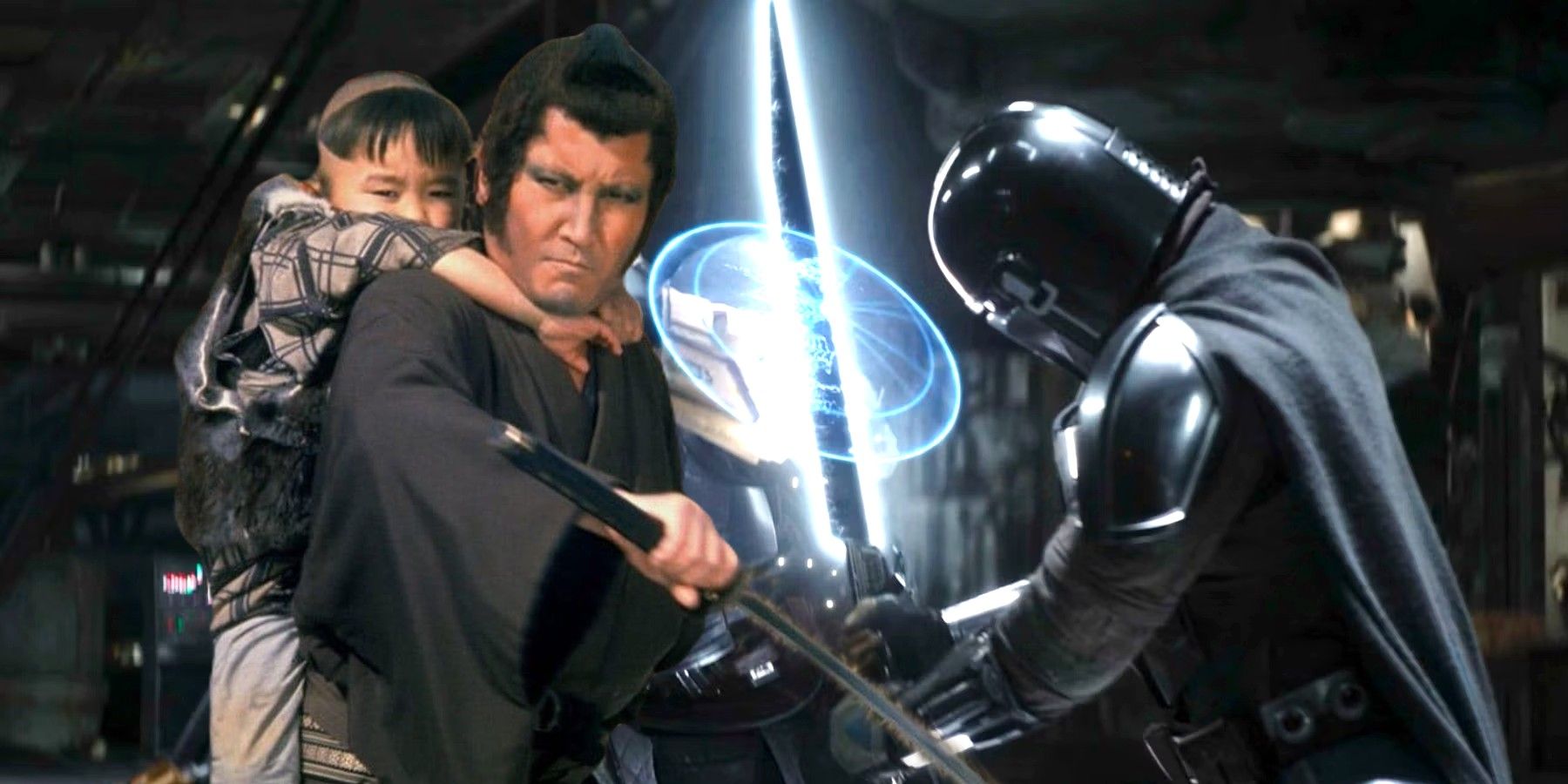 Ogami Ittō and Daigoro in Lone Wolf and Cub next to Din Djarin wielding the Darksaber in The Mandalorian