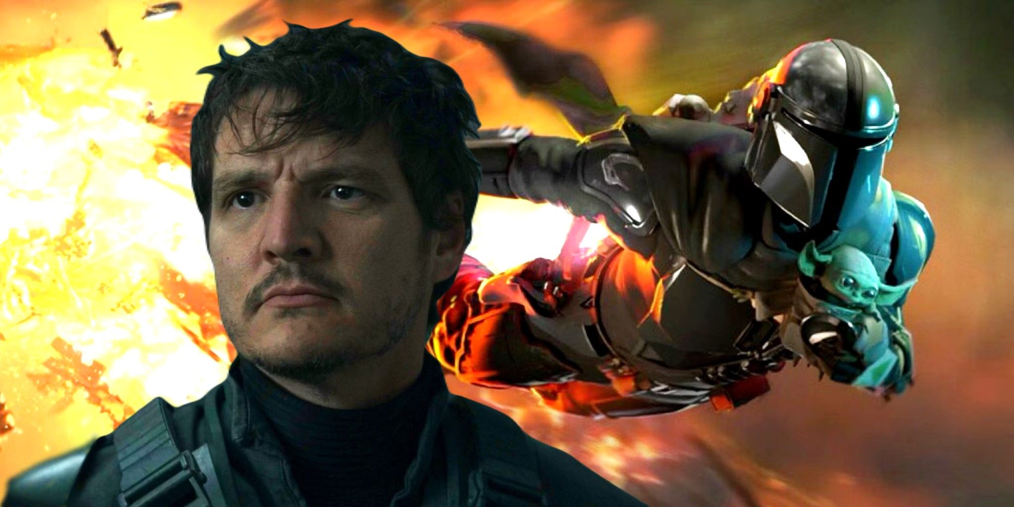 Din Djarin (Pedro Pascal) sem capacete no episódio 7 da 2ª temporada de The Mandalorian ao lado de Din Djarin e Grogu no pôster de The Mandalorian & Grogu.