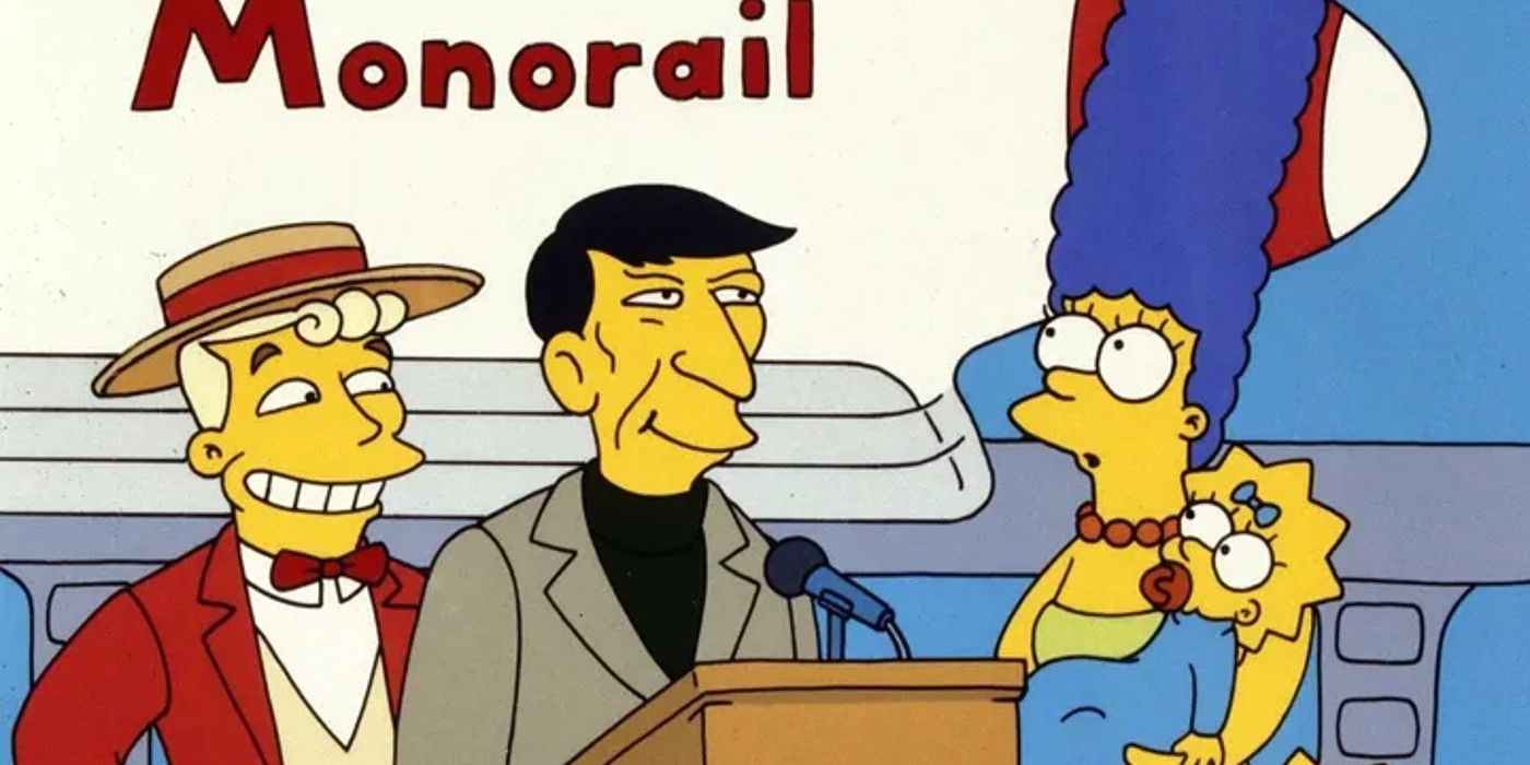 Marge Simpson holding Maggie while standing at a podium with two men (one being Leonard Nimoy) and looking up at a monorail that reads monorail in The Simpsons