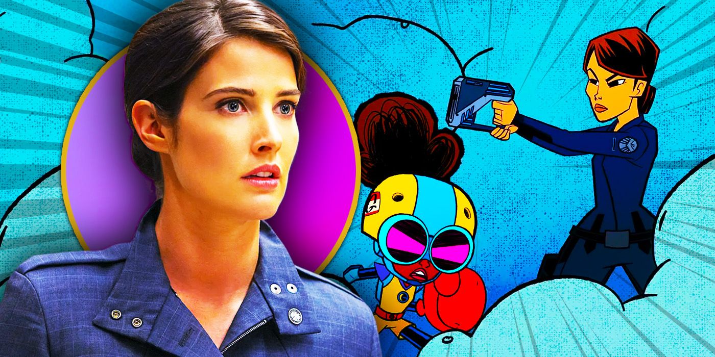 Live-action Maria Hill looking shocked on left and animated Maria Hill fighting alongside Moon Girl on right