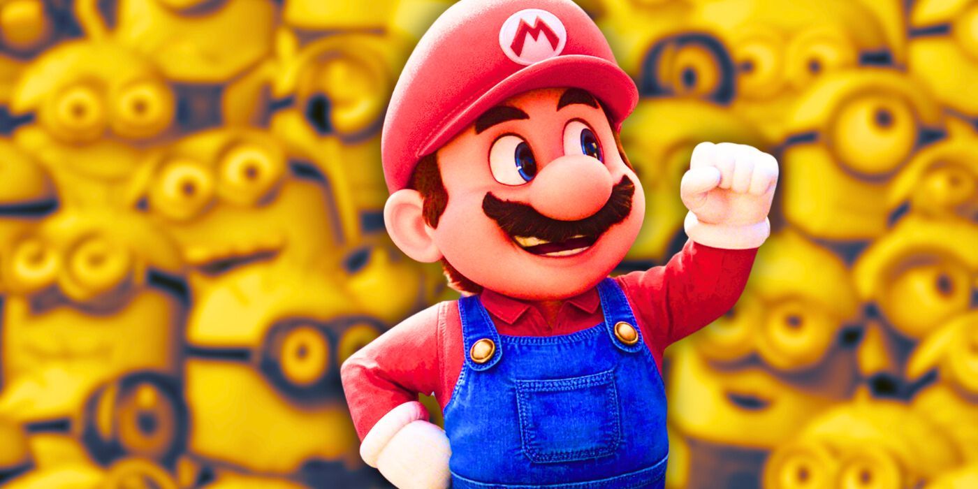 Mario (Chris Pratt) fist-bumping in the Super Mario Bros Movie with Minions blurred behind him