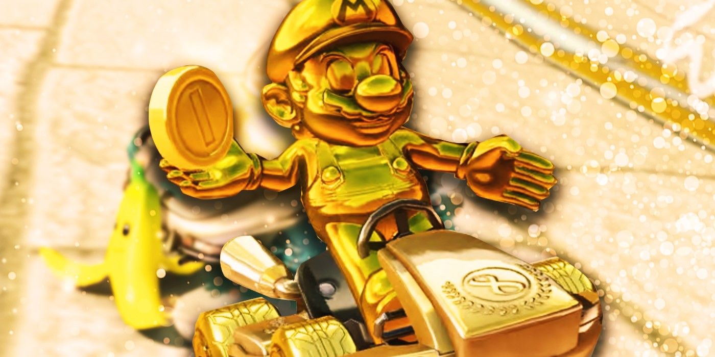 Golden Mario holding a coin while sitting in a Golden Kart from Mario Kart 8 Deluxe
