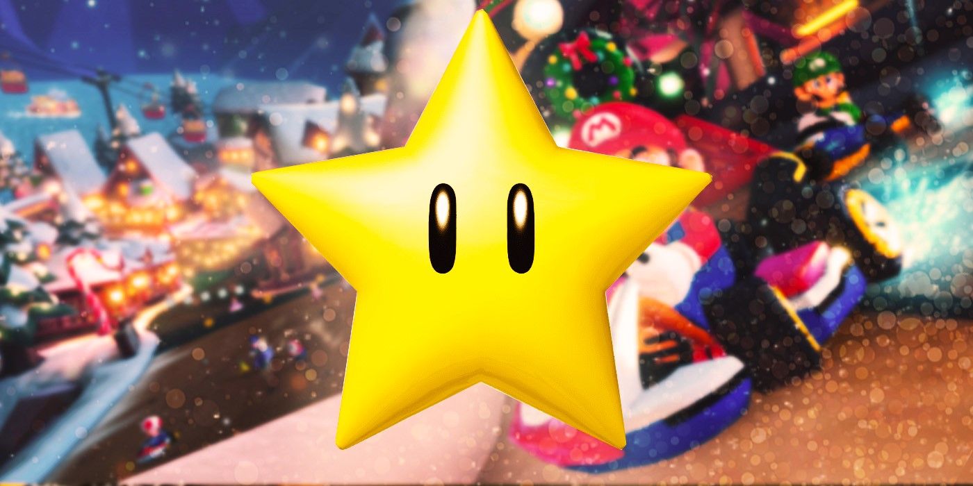 Mario Kart 8 star over a blurred Mario Kart background