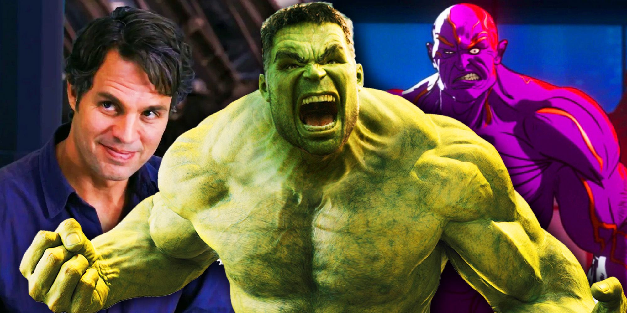 Mark Ruffalo as Bruce Banner and Hulk next to What If's Happy Hogan as Freak