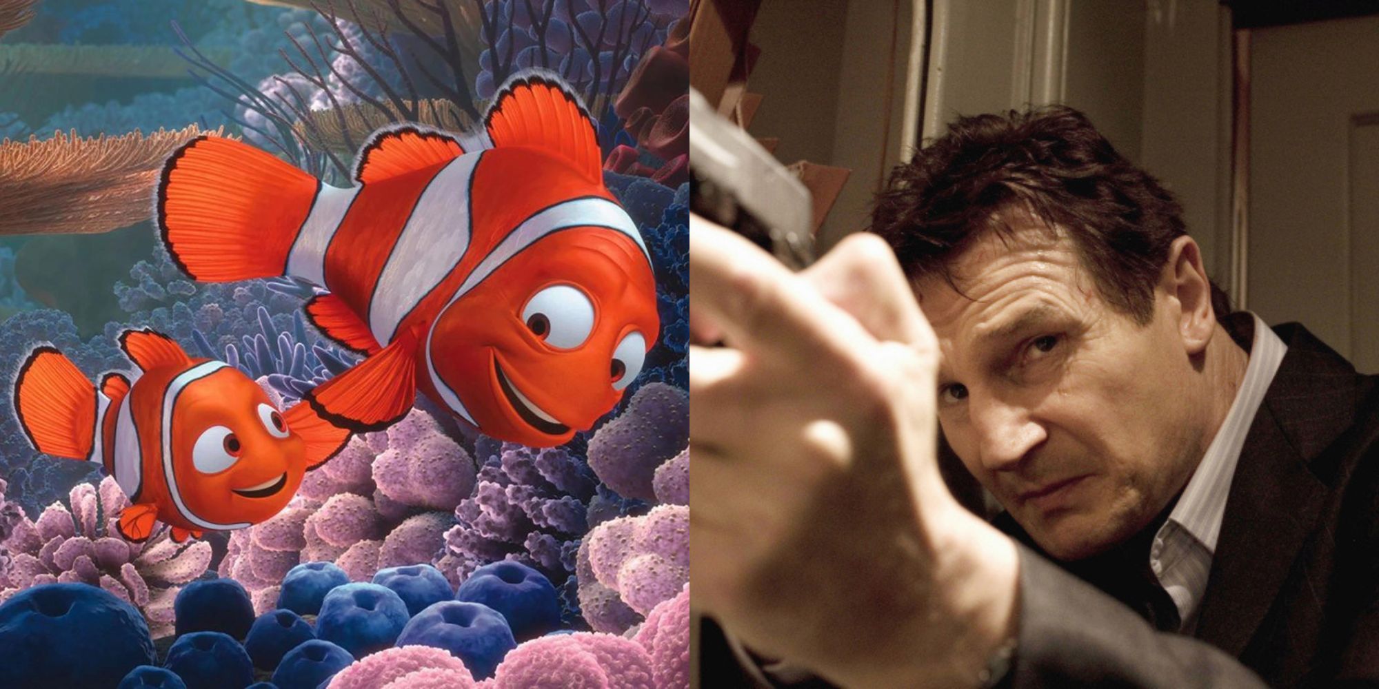 Marlin and Nemo holding fins in Finding Nemo and Liam Neeson pointing a gun in Taken