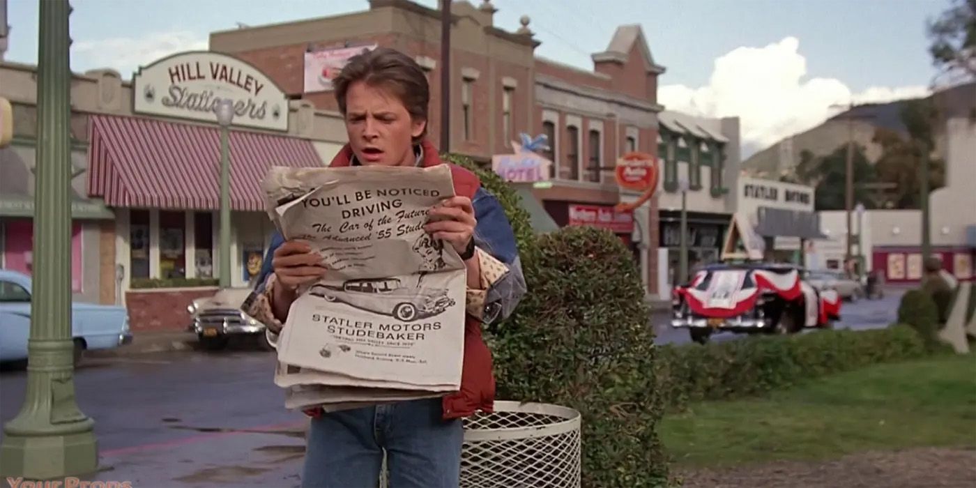 Marty McFly looking shocked at a newspaper in Back to the Future