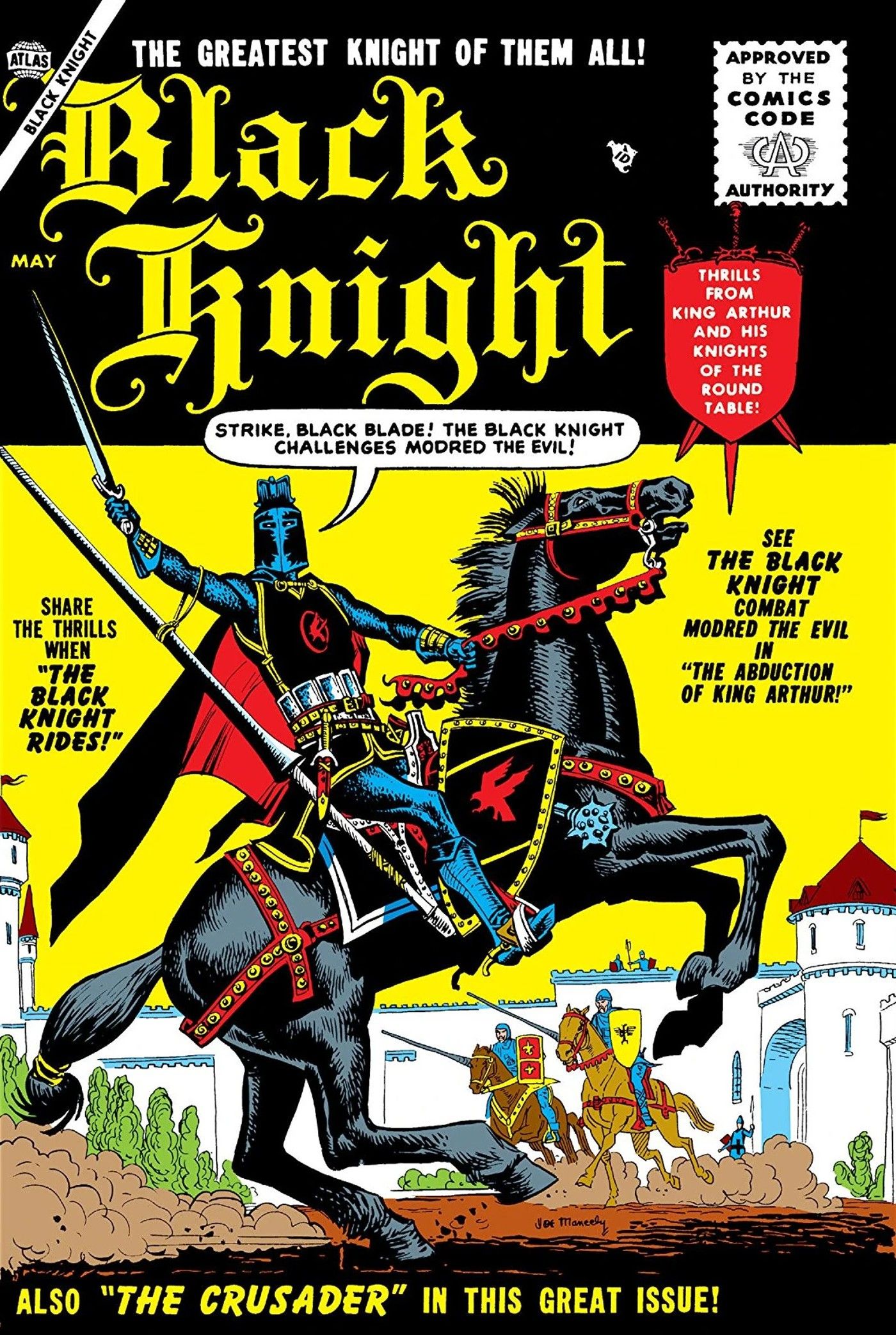 Black Knight #1 cover by Joe Maneely from the 1950s, showing the Black Knight on his horse.