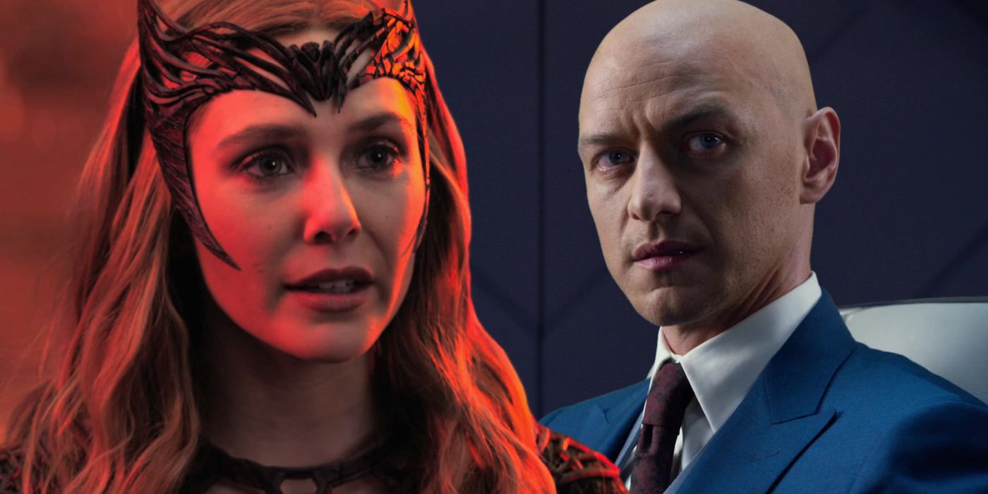 Split image of Elizabeth Olsen as the Scarlet Witch in Doctor Strange in the Multiverse of Madness and James McAvoy as Professor Charles Xavier in X-Men: Apocalypse