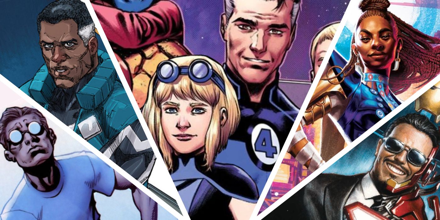 A collage of Marvel's smartest characters, with Reed Richards and Sue Storm front and center.