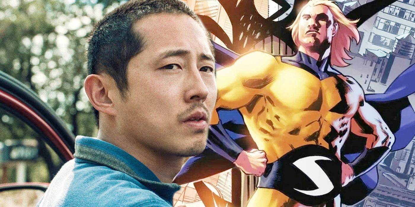 Steven Yeun from Beef in front of Sentry from Marvel Comics